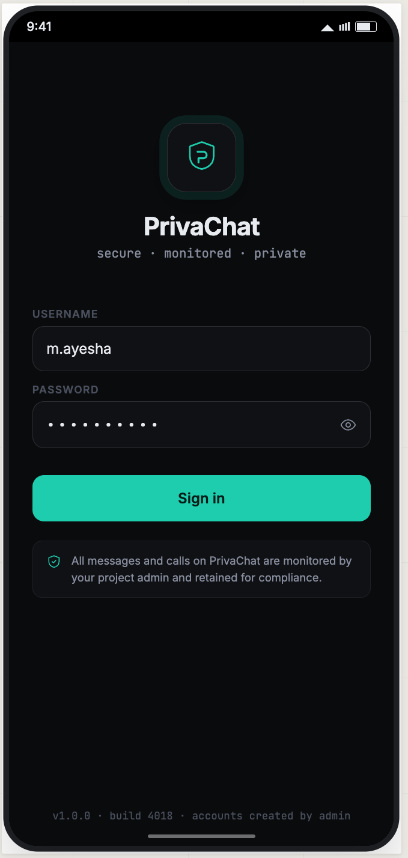 PrivaChat login screen